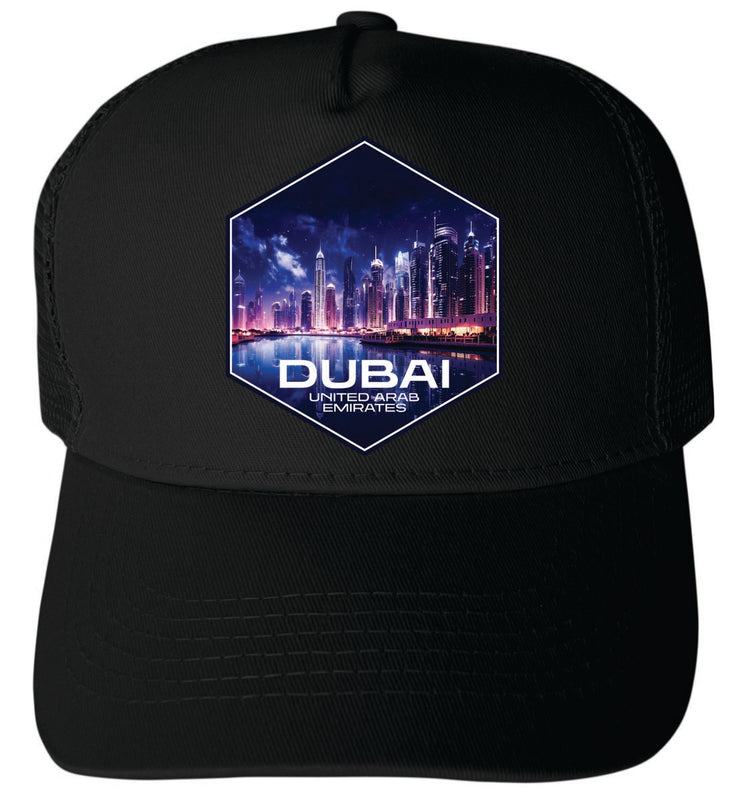 Dubai United Arab Emirates Unisex Mesh Back Trucker Hat with Adjustable Snapback Black
