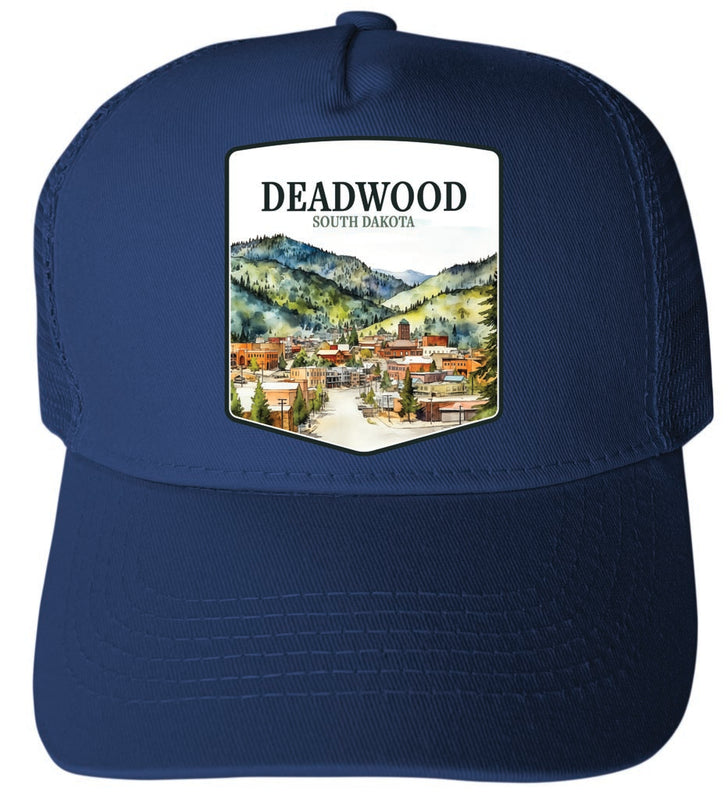 Deadwood South Dakota Watercolor Cityscape Design Navy Unisex Mesh Back Trucker Hat with Adjustable Snapback 4-Pack