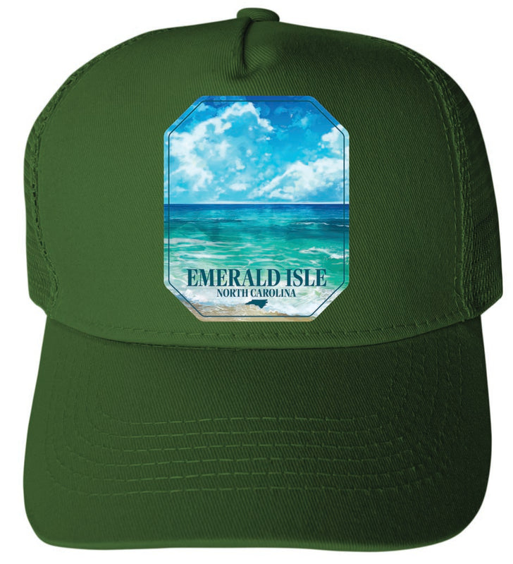 Emerald Isle North Carolina Serene Ocean Design Green Unisex Mesh Back Trucker Hat with Adjustable Snapback Single