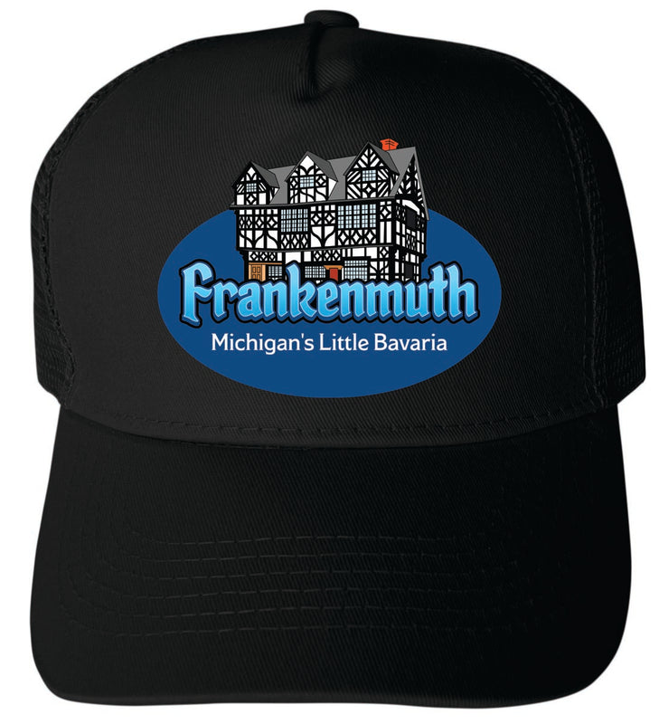 Frankenmuth Michigan Unisex Mesh Back Trucker Hat with Adjustable Snapback Black