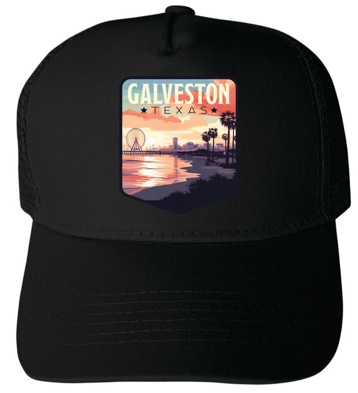 Galveston Texas Unisex Mesh Back Trucker Hat with Adjustable Snapback Black