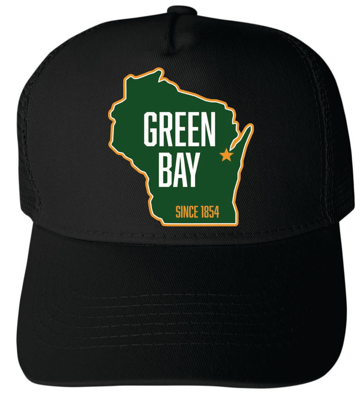 Green Bay Wisconsin Unisex Mesh Back Trucker Hat with Adjustable Snapback Black
