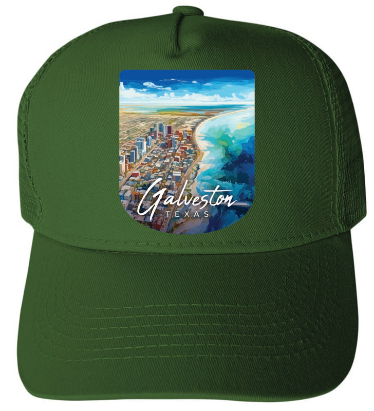 Galveston Texas Aerial Painting Design Green Unisex Mesh Back Trucker Hat with Adjustable Snapback 4-Pack