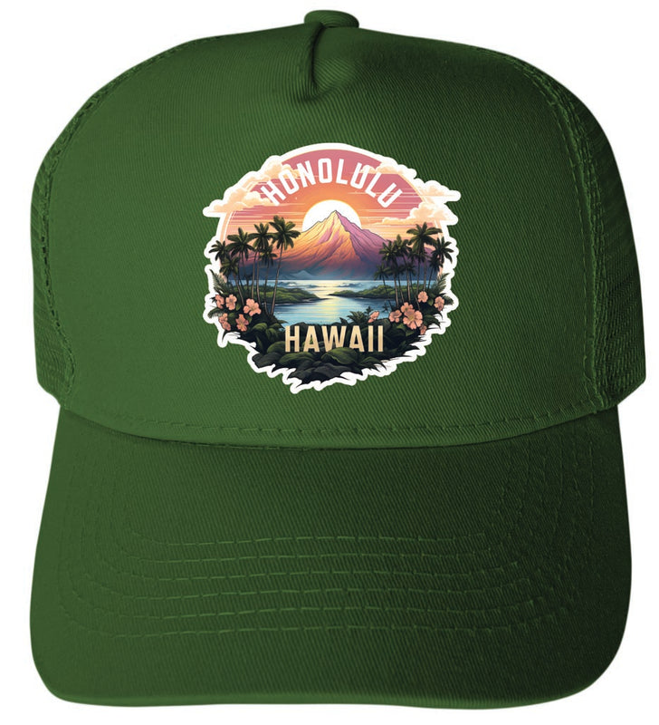 Honolulu Hawaii Design A Green Unisex Mesh Back Trucker Hat with Adjustable Snapback 2-Pack