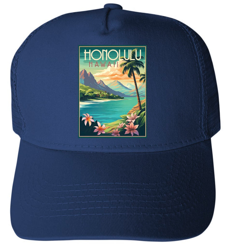 Honolulu Hawaii Design C Navy Unisex Mesh Back Trucker Hat with Adjustable Snapback 4-Pack