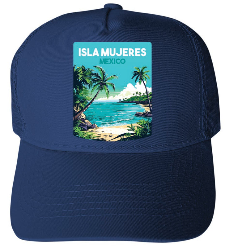 Isla Mujeres Mexico Design A Navy Unisex Mesh Back Trucker Hat with Adjustable Snapback 4-Pack