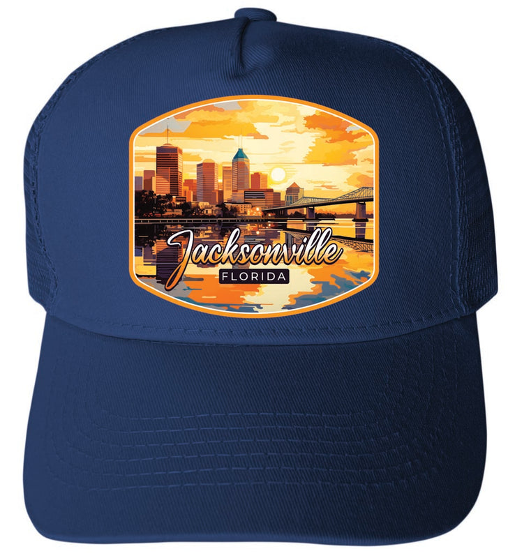 Jacksonville Florida Sunset Cityscape Design Navy Unisex Mesh Back Trucker Hat with Adjustable Snapback 4-Pack