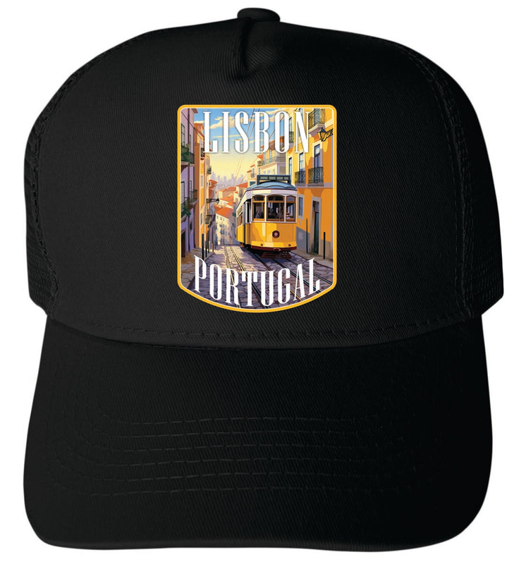 Lisbon Portugal Unisex Mesh Back Trucker Hat with Adjustable Snapback Black