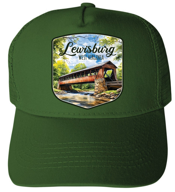 Lewisburg West Virginia Covered Bridge Design Green Unisex Mesh Back Trucker Hat with Adjustable Snapback Single