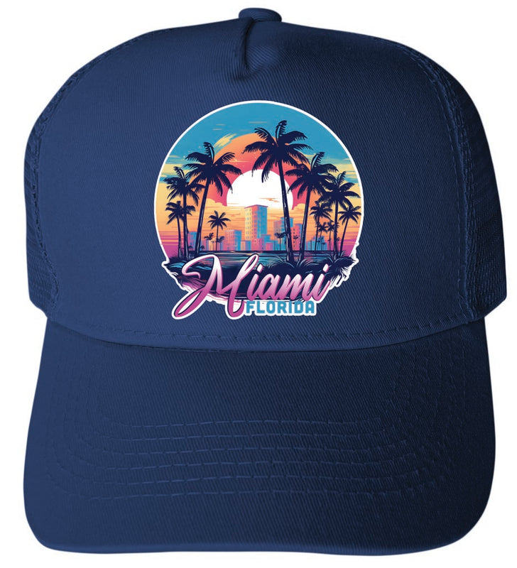 Miami Florida Design B Navy Unisex Mesh Back Trucker Hat with Adjustable Snapback 4-Pack