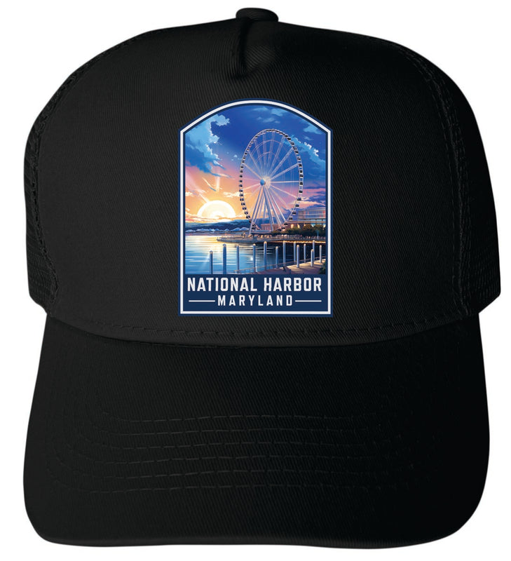 National Harbor Maryland Unisex Mesh Back Trucker Hat with Adjustable Snapback Black