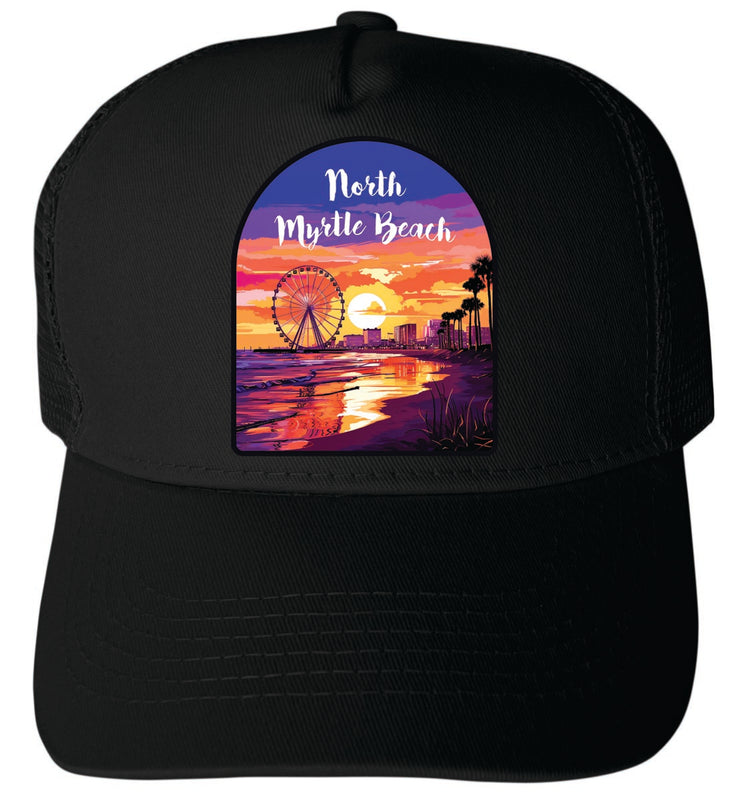 North Myrtle Beach South Carolina Unisex Mesh Back Trucker Hat with Adjustable Snapback Black