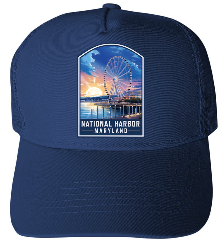 National Harbor Maryland Design A Navy Unisex Mesh Back Trucker Hat with Adjustable Snapback 4-Pack