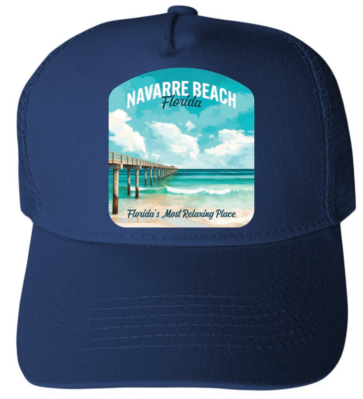 Navarre Beach Florida Pier Painting Design Navy Unisex Mesh Back Trucker Hat with Adjustable Snapback 4-Pack