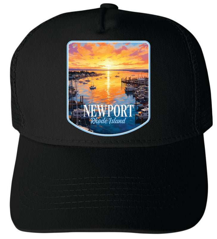 Newport Rhode Island Sunset over the Bay Design Black Unisex Mesh Back Trucker Hat with Adjustable Snapback Single