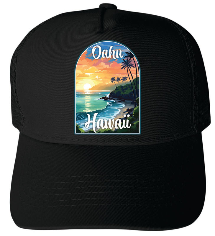 Oahu Hawaii Unisex Mesh Back Trucker Hat with Adjustable Snapback Black