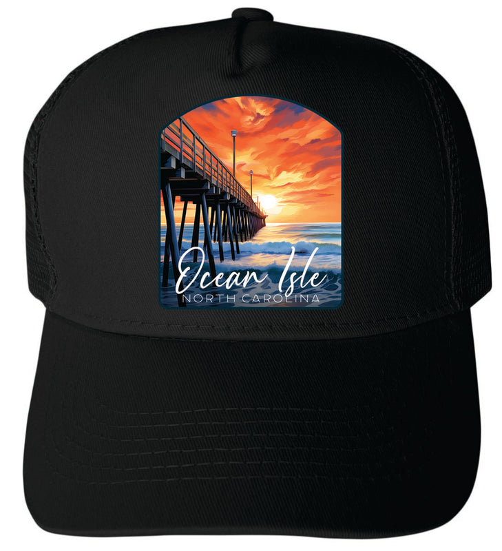 Ocean Isle North Carolina Unisex Mesh Back Trucker Hat with Adjustable Snapback Black