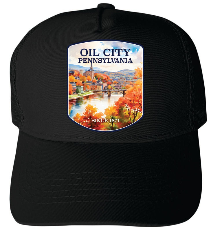 Oil City Pennsylvania Unisex Mesh Back Trucker Hat with Adjustable Snapback Black