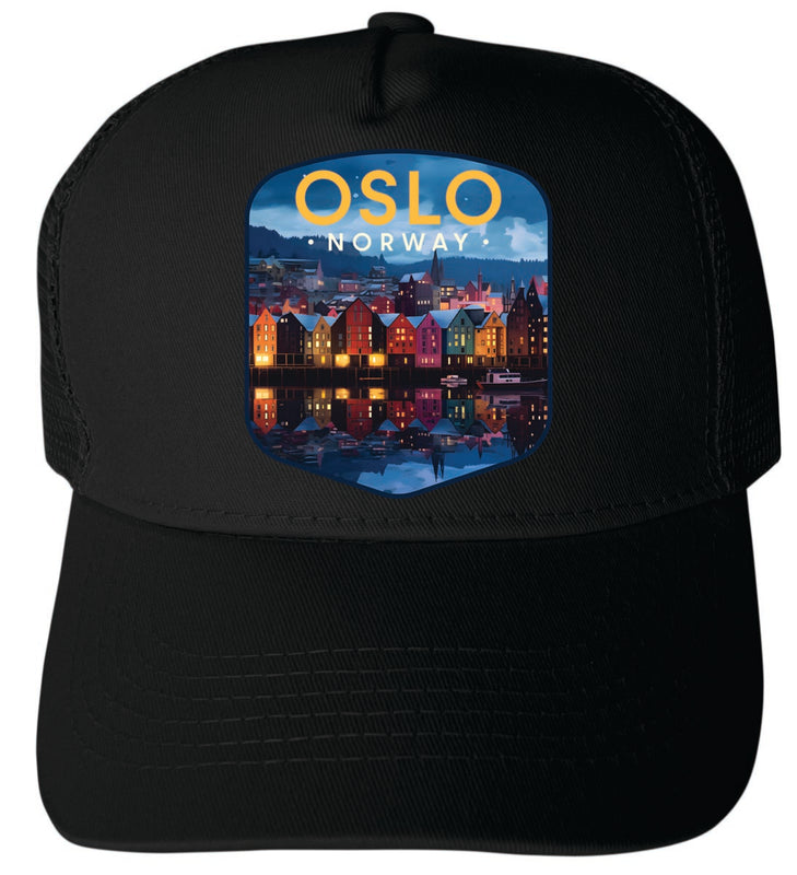 Oslo Norway Unisex Mesh Back Trucker Hat with Adjustable Snapback Black