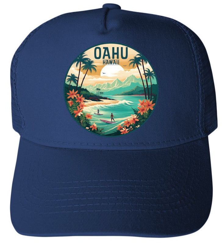 Oahu Hawaii Design B Navy Unisex Mesh Back Trucker Hat with Adjustable Snapback 4-Pack