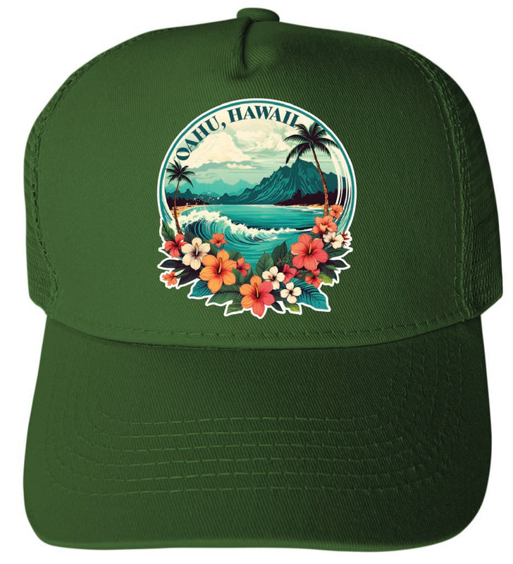 Oahu Hawaii Design C Green Unisex Mesh Back Trucker Hat with Adjustable Snapback 4-Pack