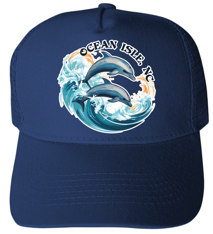 Ocean Isle Dolphin Waves Design Navy Unisex Mesh Back Trucker Hat with Adjustable Snapback 4-Pack