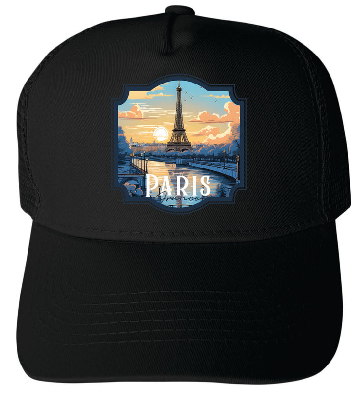 Paris France Unisex Mesh Back Trucker Hat with Adjustable Snapback Black