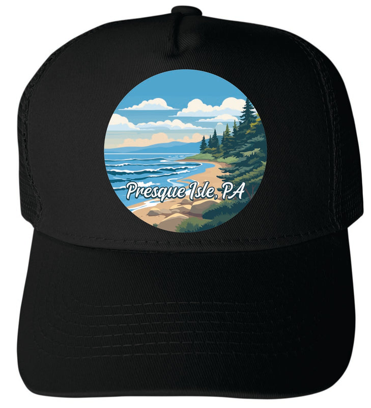Presque Isle Pennsylvania Unisex Mesh Back Trucker Hat with Adjustable Snapback Black