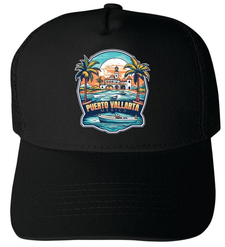 Puerto Vallarta Mexico Unisex Mesh Back Trucker Hat with Adjustable Snapback Black