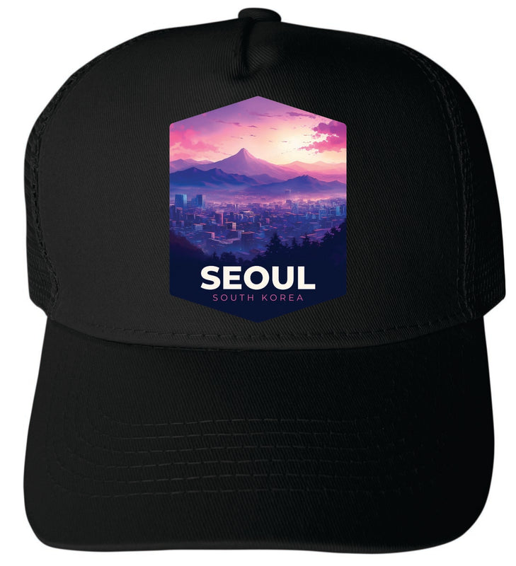 Seoul South Korea Unisex Mesh Back Trucker Hat with Adjustable Snapback Black