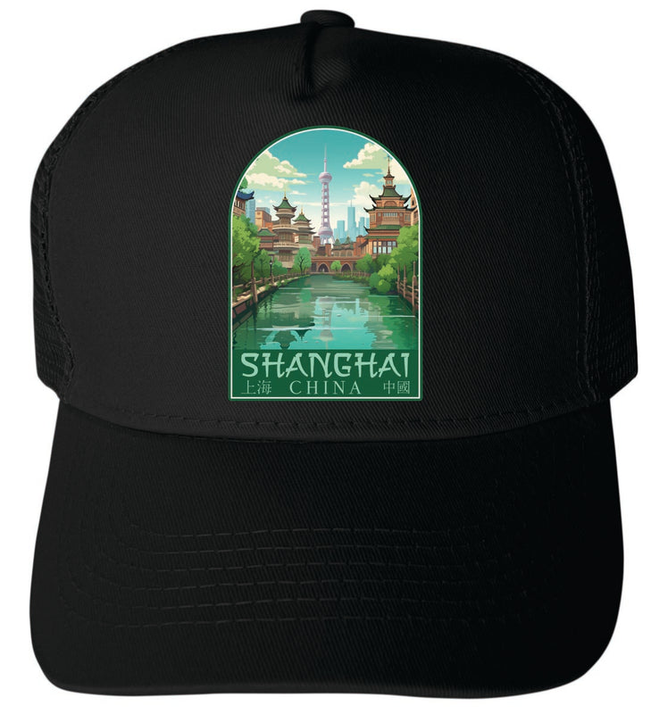 Shanghai China Unisex Mesh Back Trucker Hat with Adjustable Snapback Black