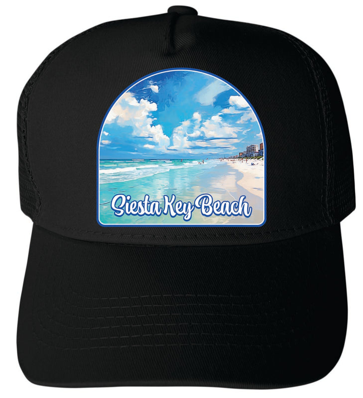 Siesta Key Beach Florida Unisex Mesh Back Trucker Hat with Adjustable Snapback Black