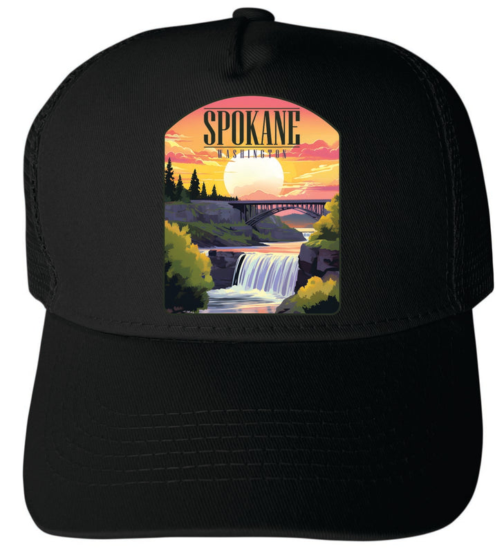Spokane Washington Unisex Mesh Back Trucker Hat with Adjustable Snapback Black