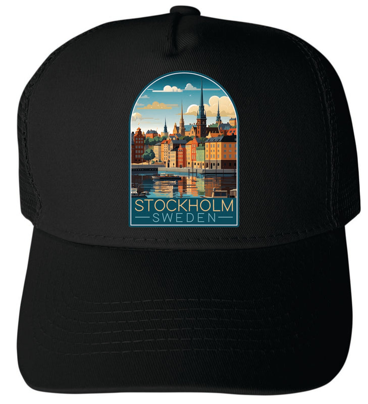 Stockholm Sweden Unisex Mesh Back Trucker Hat with Adjustable Snapback Black