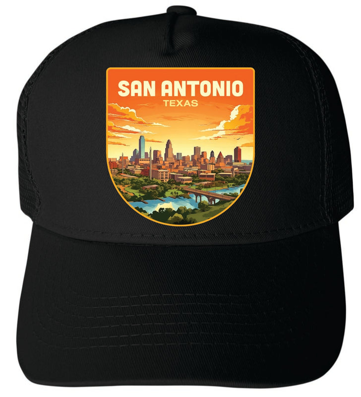 San Antonio Texas Design B Black Unisex Mesh Back Trucker Hat with Adjustable Snapback Single