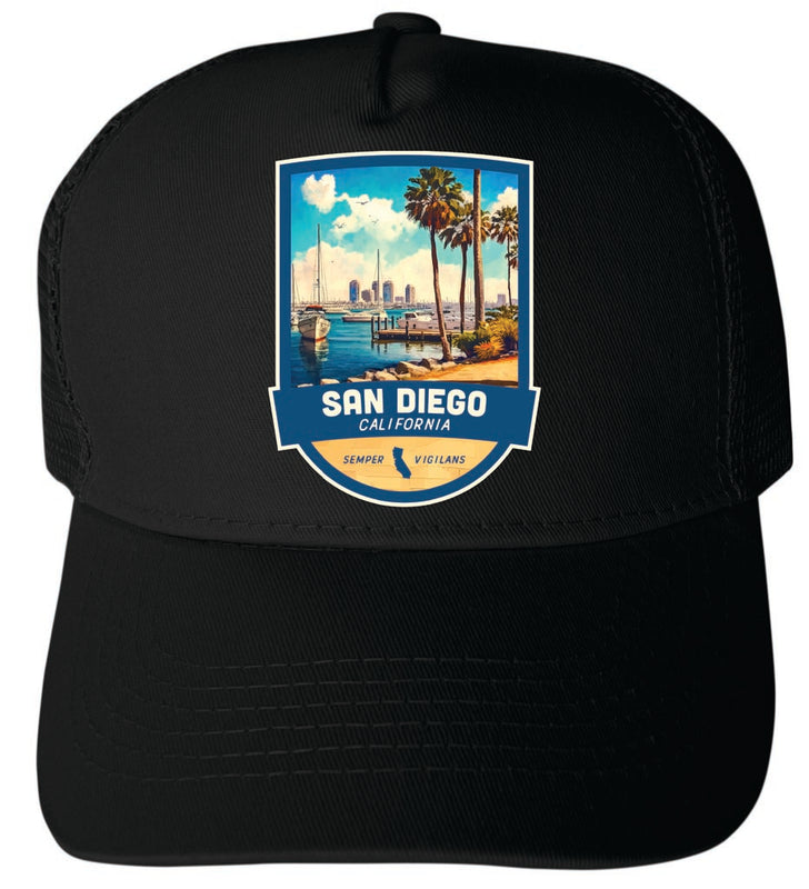 San Diego California Design B Black Unisex Mesh Back Trucker Hat with Adjustable Snapback Single
