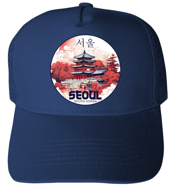 Seoul South Korea Design B Navy Unisex Mesh Back Trucker Hat with Adjustable Snapback 4-Pack