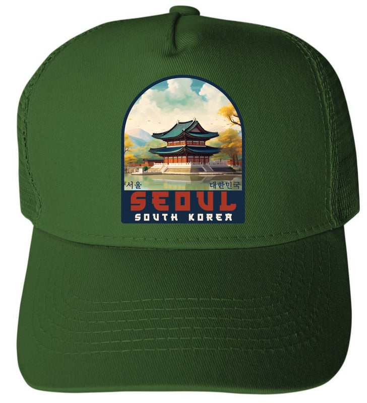 Seoul South Korea Design C Green Unisex Mesh Back Trucker Hat with Adjustable Snapback Single