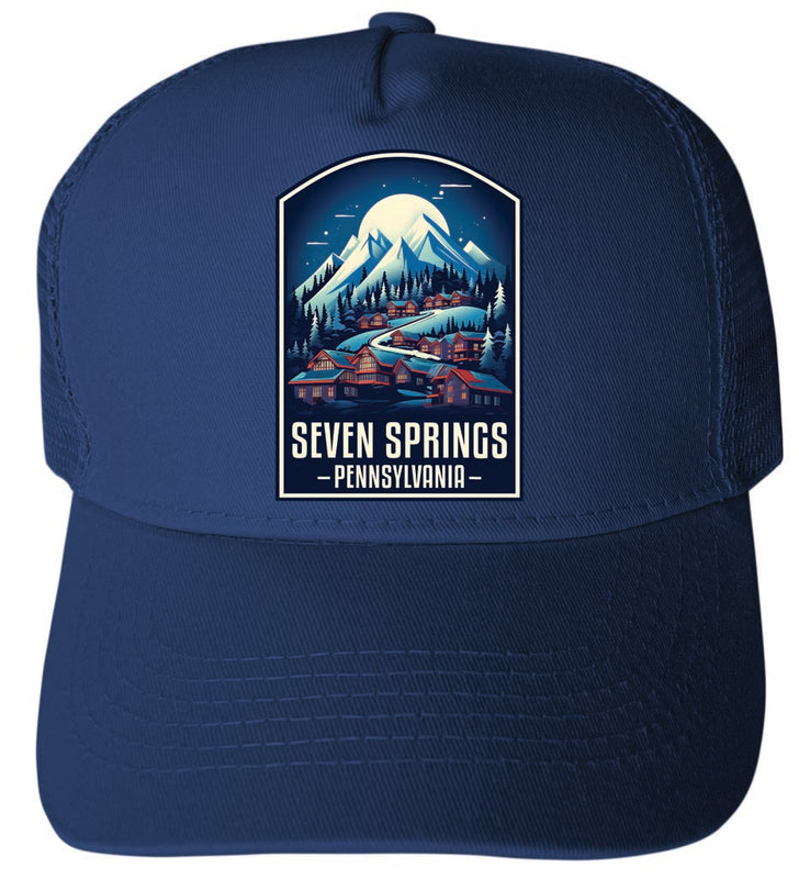 Seven Springs Pennsylvania Snowy Village Design Navy Unisex Mesh Back Trucker Hat with Adjustable Snapback 4-Pack