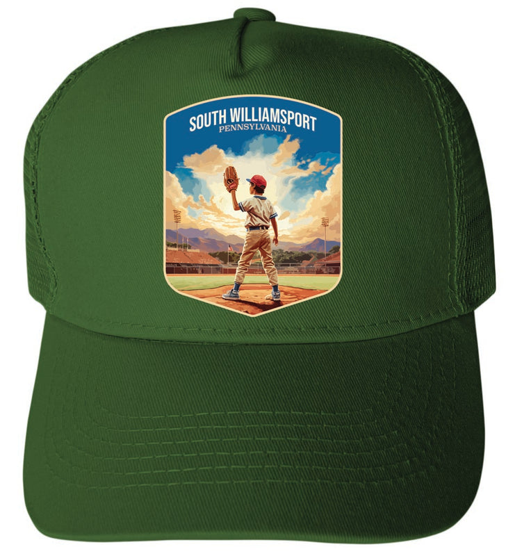 South Williamsport Pennsylvania Baseball Pitcher Design Green Unisex Mesh Back Trucker Hat with Adjustable Snapback Single