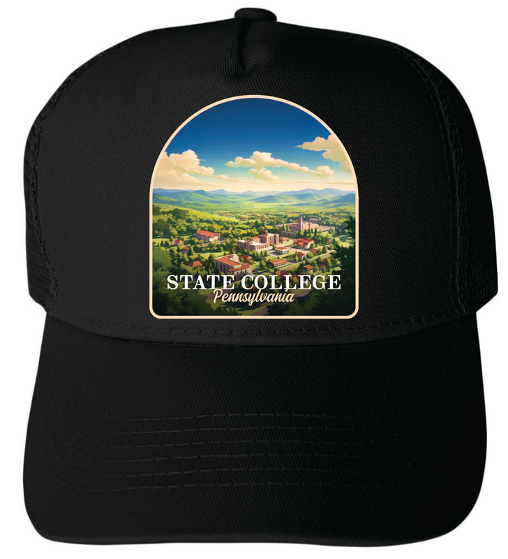 State College Pennsylvania Aerial Town Design Black Unisex Mesh Back Trucker Hat with Adjustable Snapback Single