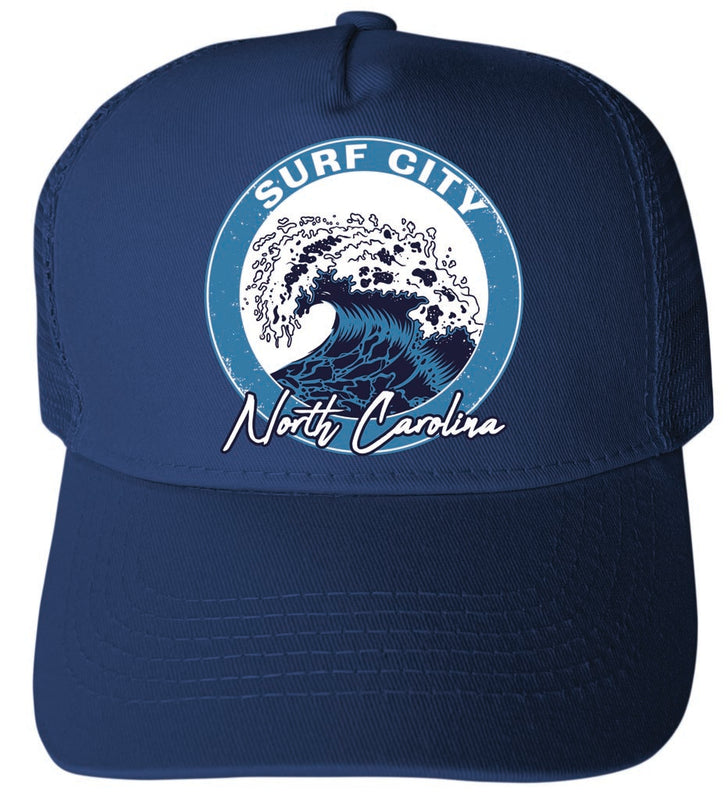 Surf City North Carolina Wave Design Navy Unisex Mesh Back Trucker Hat with Adjustable Snapback 4-Pack