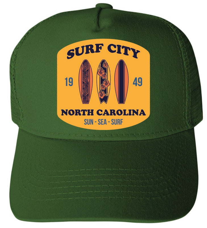 Surf City North Carolina Sun Sea Surf Design Green Unisex Mesh Back Trucker Hat with Adjustable Snapback 2-Pack
