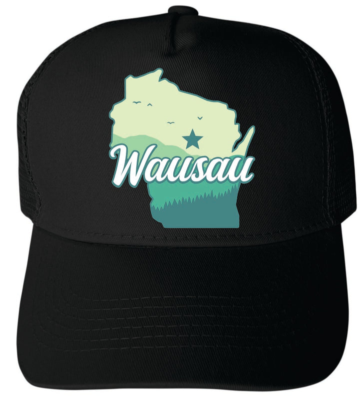 Wausau Wisconsin Unisex Mesh Back Trucker Hat with Adjustable Snapback Black