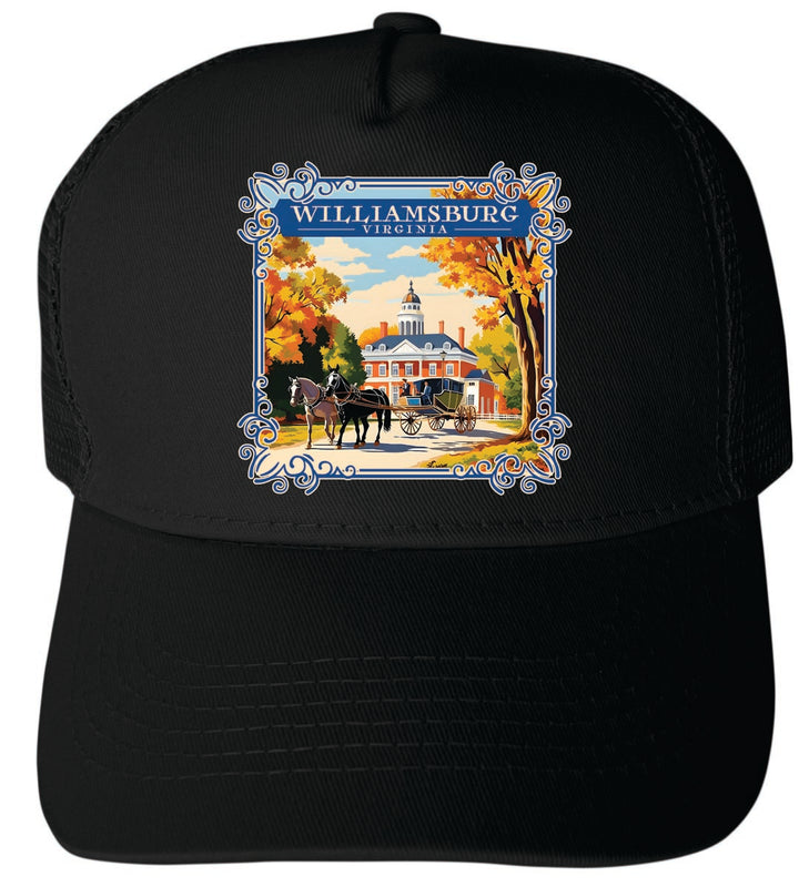 Williamsburg Virginia Unisex Mesh Back Trucker Hat with Adjustable Snapback Black