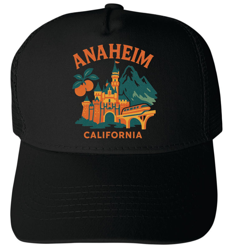 Anaheim California Vintage Design Black Unisex Mesh Back Trucker Hat with Adjustable Snapback Black