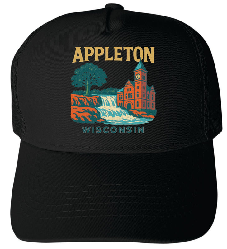 Appleton Wisconsin Vintage Design Black Unisex Mesh Back Trucker Hat with Adjustable Snapback Black