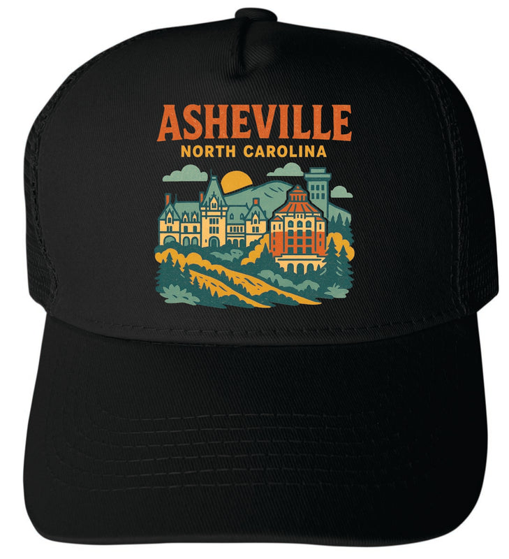 Asheville North Carolina Vintage Design Black Unisex Mesh Back Trucker Hat with Adjustable Snapback Black
