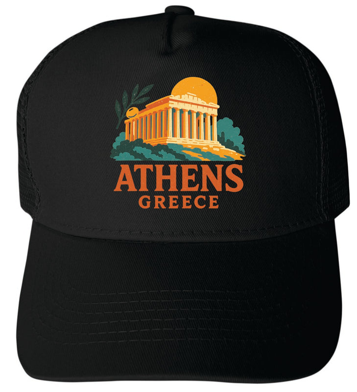 Athens Greece Vintage Design Black Unisex Mesh Back Trucker Hat with Adjustable Snapback Black