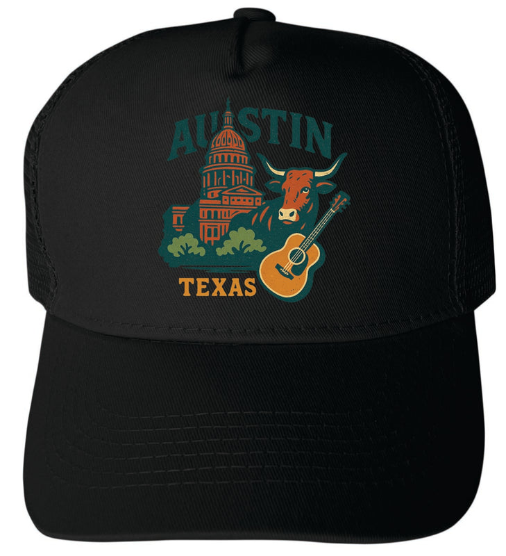 Austin Texas Vintage Design Black Unisex Mesh Back Trucker Hat with Adjustable Snapback Black